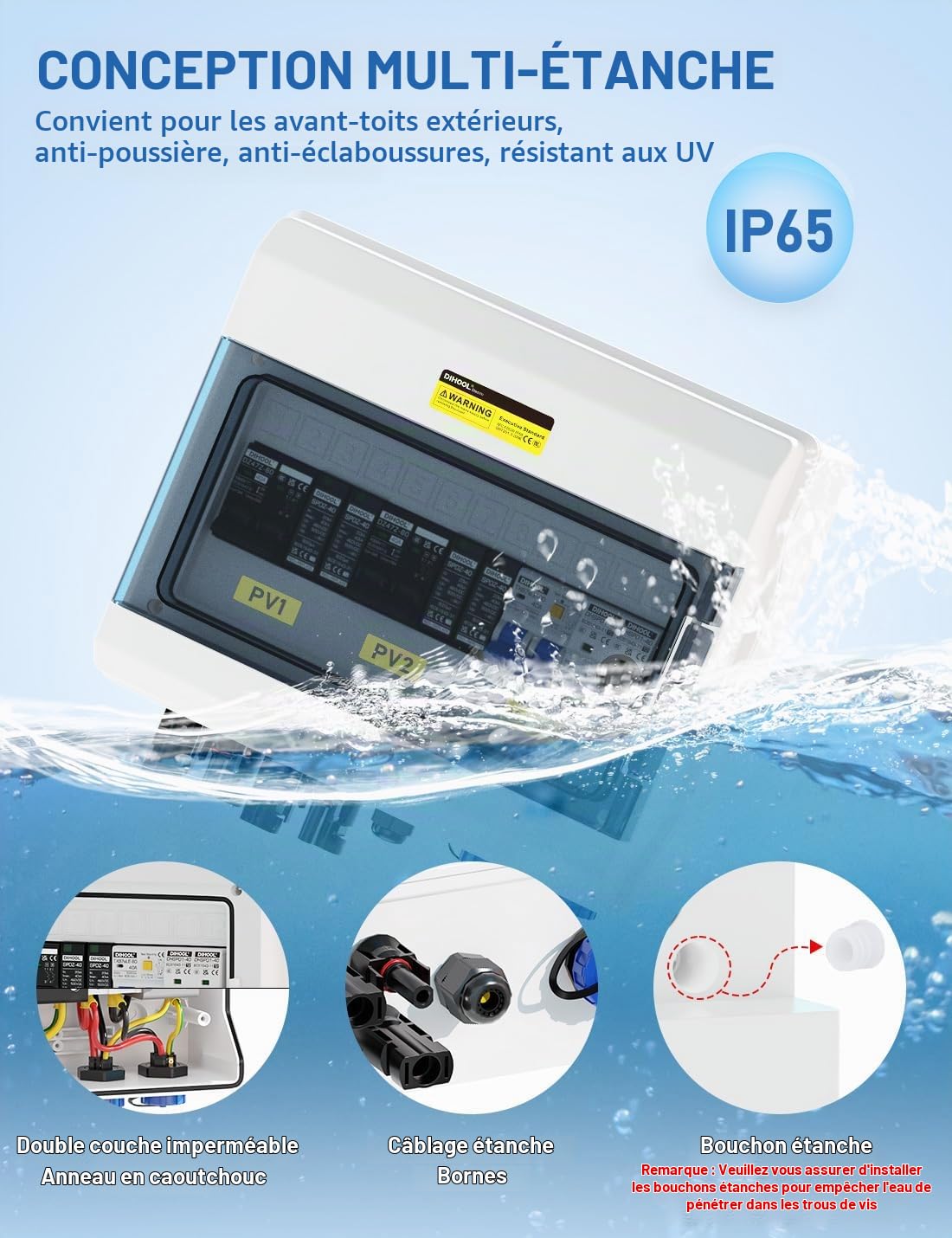 DIHOOL Disjoncteur DC protection contre les surtensions système photovoltaïque 2 chaînes 1000V 25A 2x500W boîte de jonction solaire avec protection contre les surtensions AC