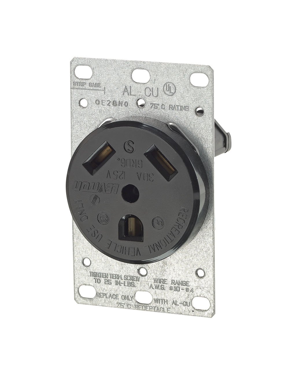 Leviton 7313 30 Amp, 125V, Nema Tt-30R, 2P, 3W, Flush Mounting Receptacle, Straight Blade, Industrial Grade, Grounding, For Recreational Vehicles, Side Wired, Steel Strap, 10 Pack, Black