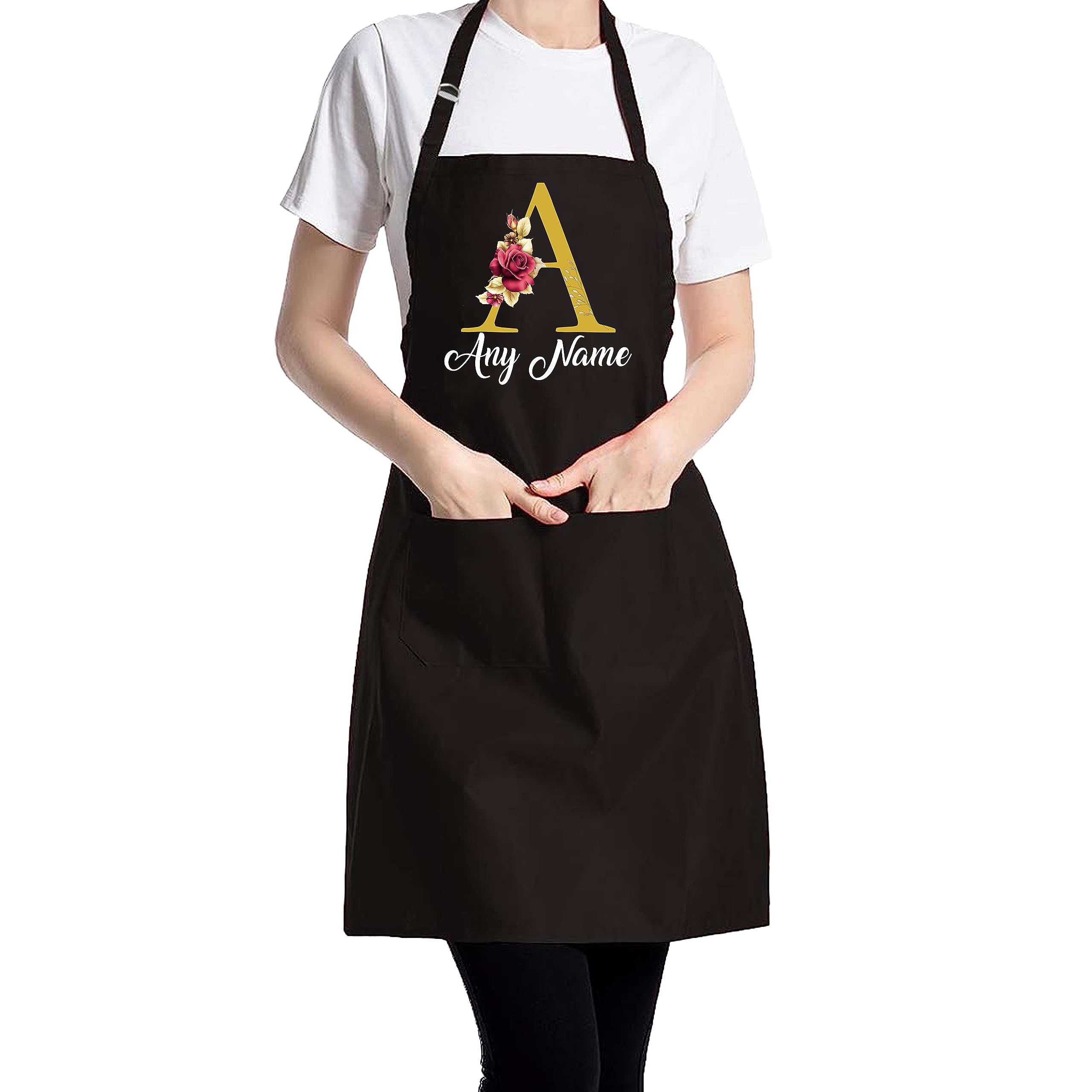 PB TECH Personalised Apron - Floral Gold Initial and Name Customisable Gift For Her, Cooking Apron