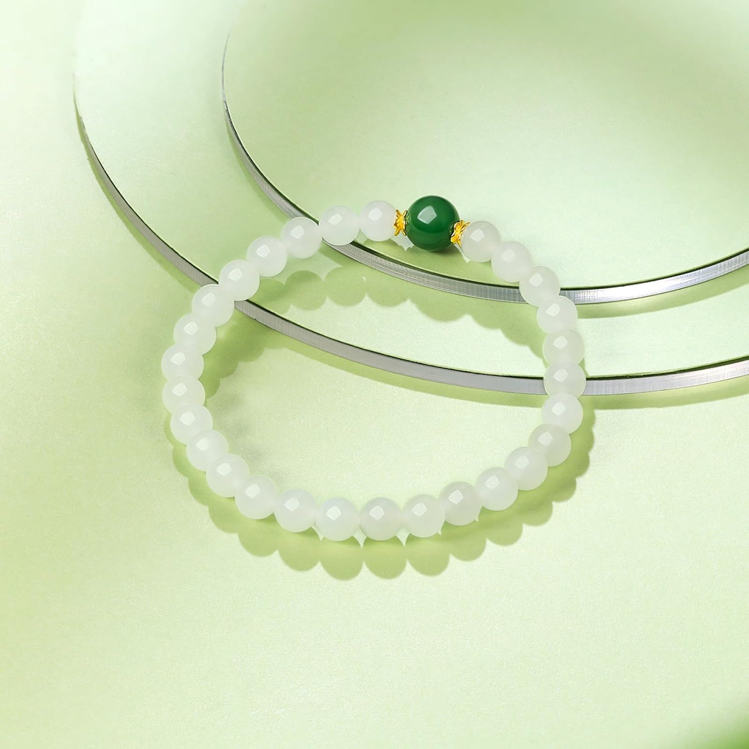 White Jade Bracelet for Women, Dainty Hetian White Jade Jewelry 24K Gold with Green Beaded Bracelet for Mom Girlfriend