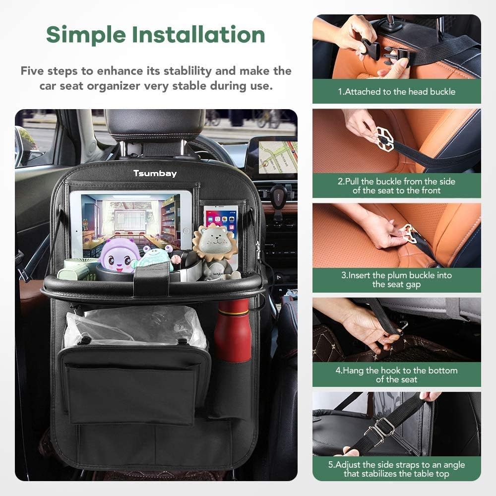 Tsumbay Car Back Seat Organizer with Trash Can PU Leather Car Storage Organizer with Foldable Table Tray,Touch Screen Tablet Holder,Car Back Seat Protectors Kick Mats -1 Piece : Automotive