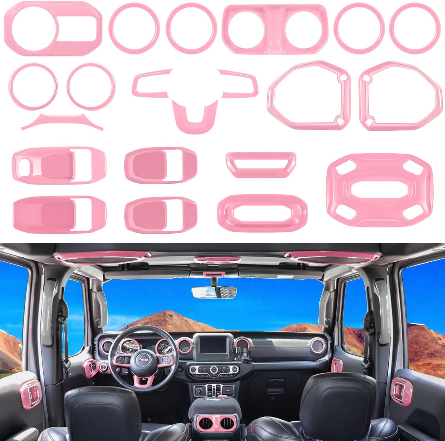 Bonbo 21PCS Car Interior Accessories-Air Conditioning Vent & Steering Wheel & Reading Light & Roof Speaker etc Fits for 2018-2023 Jeep Wrangler JL JLU & Gladiator JT (Pink)
