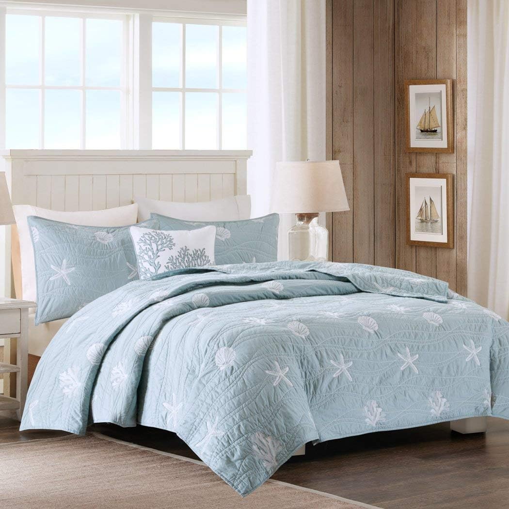Aeiniwer 4 Piece Chic Grey Blue White Full Queen Coverlet Set, Beach Themed Bedding Seashell Starfish Stylish Trendy Modern Pretty Nautical Beach Seaside Coastal Cute Coral, CottonF
