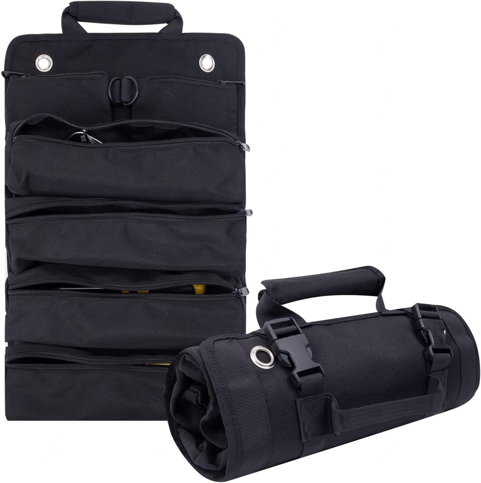 VIDECOR Sac à Outils Enroulable, Organisateur D'outils en Rouleau avec 4 Poches Zippées, Sac à Outils Polyvalent, Organisateur de Rouleaux D'outils pour Mécanicien électricien,D