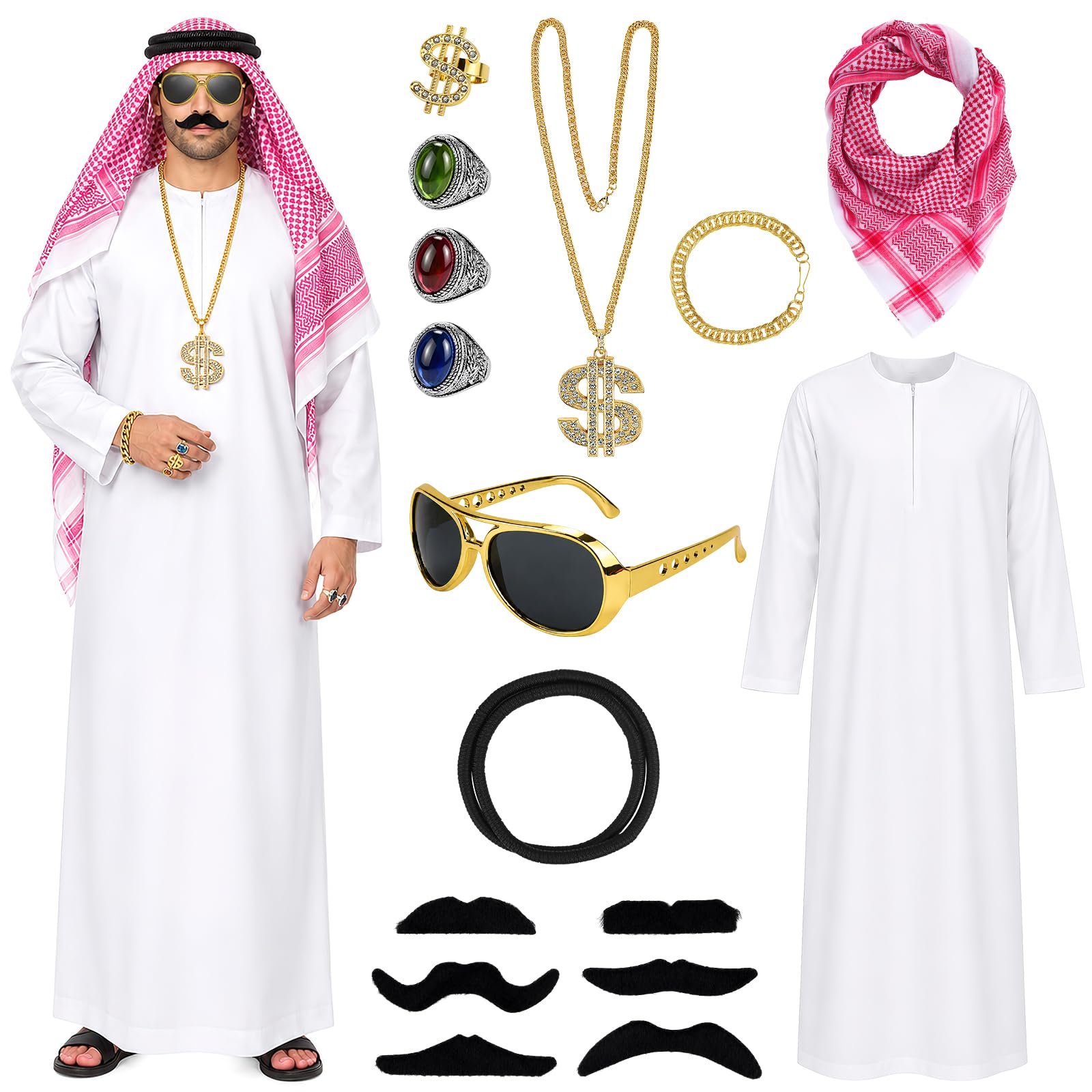Men's Arab Costume Set, Arabian Sheikh Fancy Dress, White Robe & Head Scarf