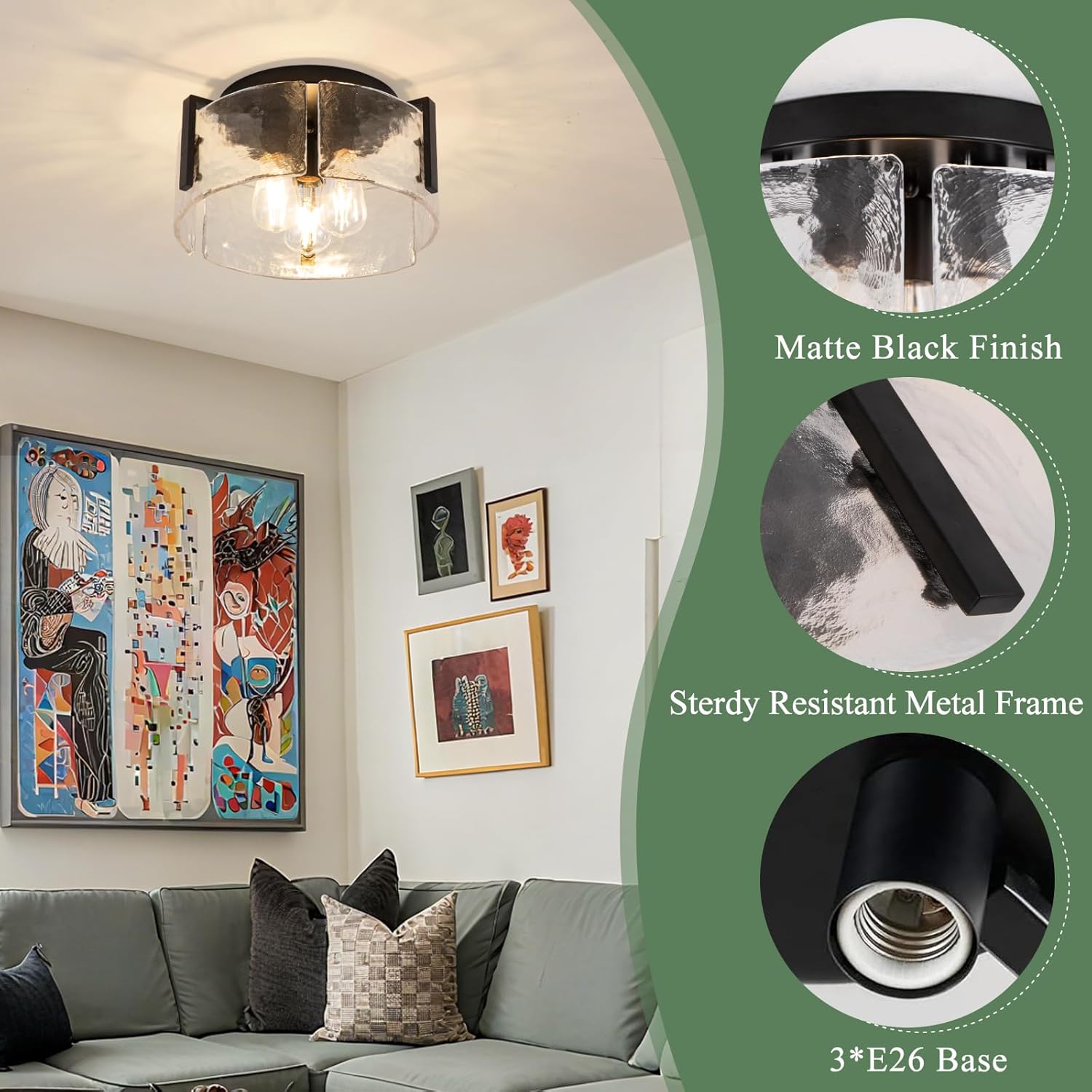 Black Semi Flush Mount Ceiling Light Fixture, Modern Glass Drum Ceiling Lights, 3-Light Hallway Light Fixtures for Kitchen Island, Bedroom, Bathroom, Laundry Room, Entryway