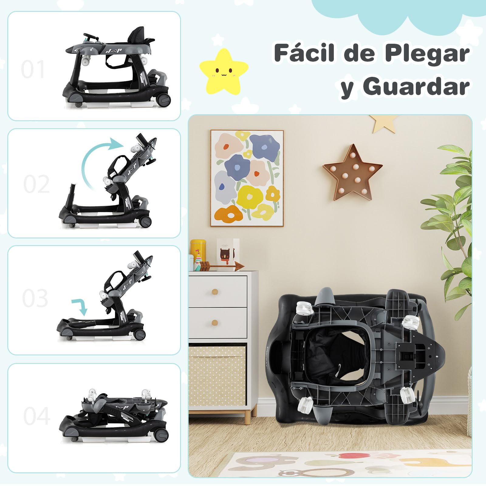 COSTWAY 6 en 1 Andador Bebés, Andador Plegable de Avión, Altura Ajustable en 3 Niveles, 6 Ruedas Universales, Caja de Música Extraíble, Tacata Bebes, Caminador Bebe para Niños de 6-18 Meses (Gris)