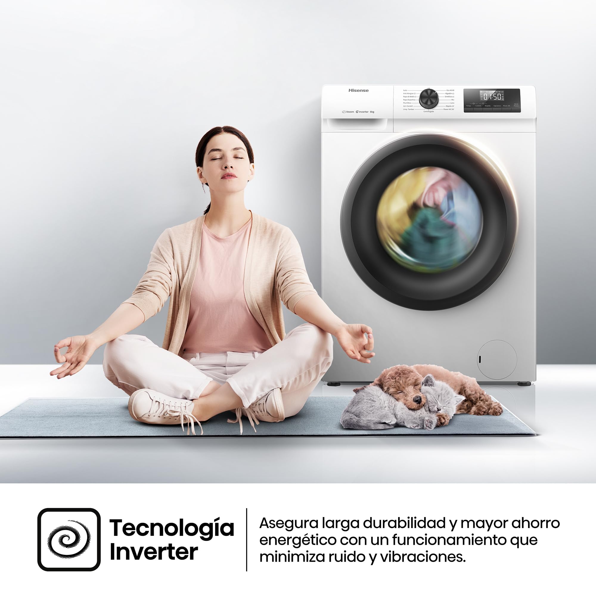 Hisense WF1Q8041BW - Lavadora, Class A, 8 Kg, 1400 rpm, Alto 85 cm x Ancho 60 cm, Color Blanco, Función Vapor 99,9%, Lavado Rápido+, Lavado Automático, Finalización Diferida, Tecnología Inverter