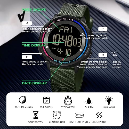 Miniatura 6 de Relojes deportivos para hombre, reloj digital impermeable, reloj despertador, cronómetro, calendario de cuenta regresiva, reloj táctico para hombre,