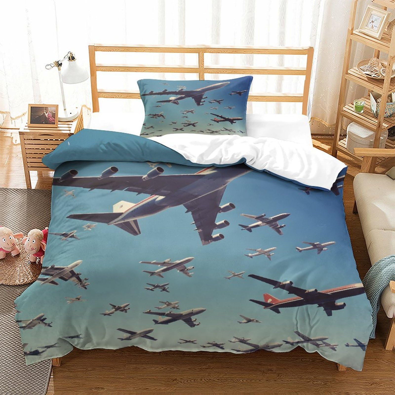 P1s9u7w5y Aircraft-7 3D Printed Plane Pattern Duvet Cover Set 3Pcs Microfiber Aviation Bedding Set Single（135X200cm）