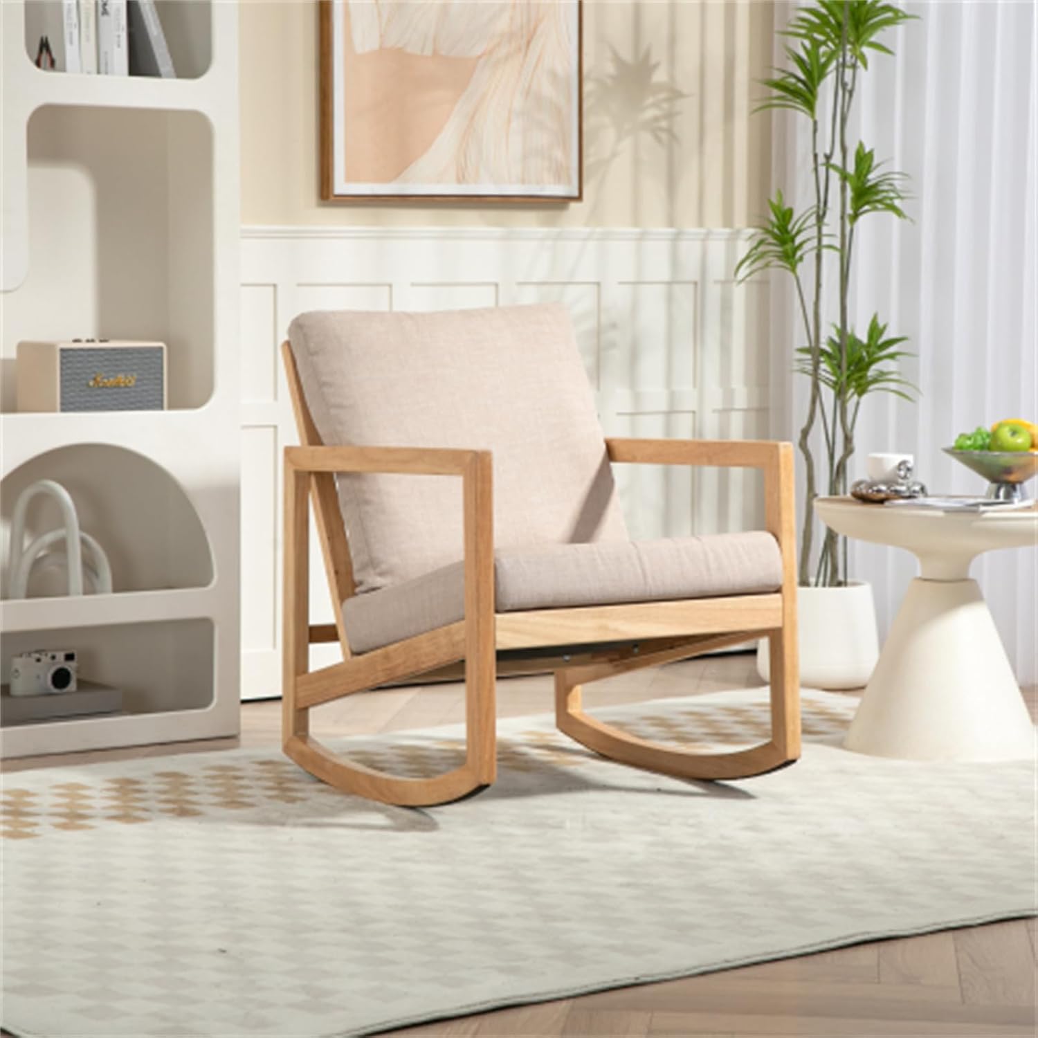 Glider chair with cushions, armchair, chair, natural color rubber wood frame, living room bedroom balcony, khaki