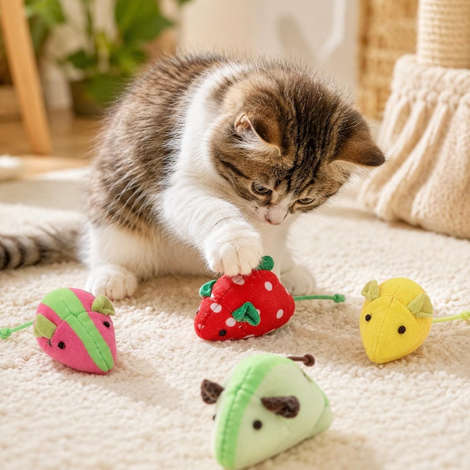 LOGOFUN 4PCS Catnip Mouse Toys Fruit Shaped Plush Mice | Soft Fruit-Shaped Catnip Mice For Chasing, Batting And Indoor Cat Enrichment