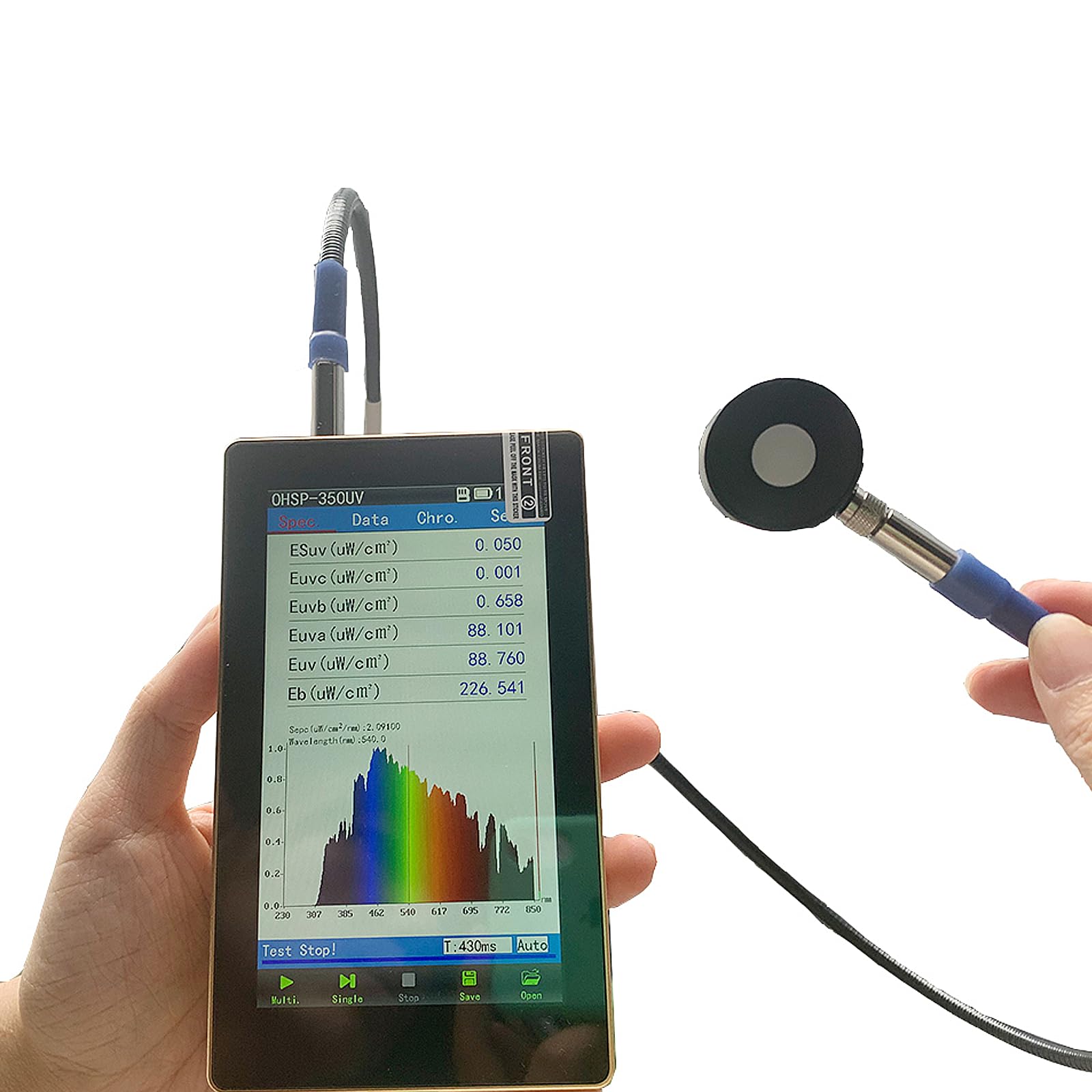 OHSP-350UV UV Spektrometer, 230-850nm UVA UVB UVC Radiometer mit Extend Fiber – HOPOOCOLOR tragbares Lichtspektrummessgerät für UV-LED, Bestrahlung (mW/cm²) & CCT
