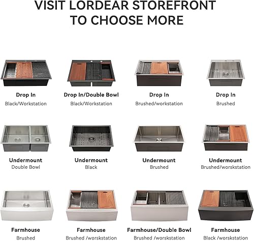 Miniatura 142 de Lordear Fregadero de cocina de montaje inferior de 23 pulgadas, estación de trabajo, fregadero de cocina de acero inoxidable calibre 16, cuenco