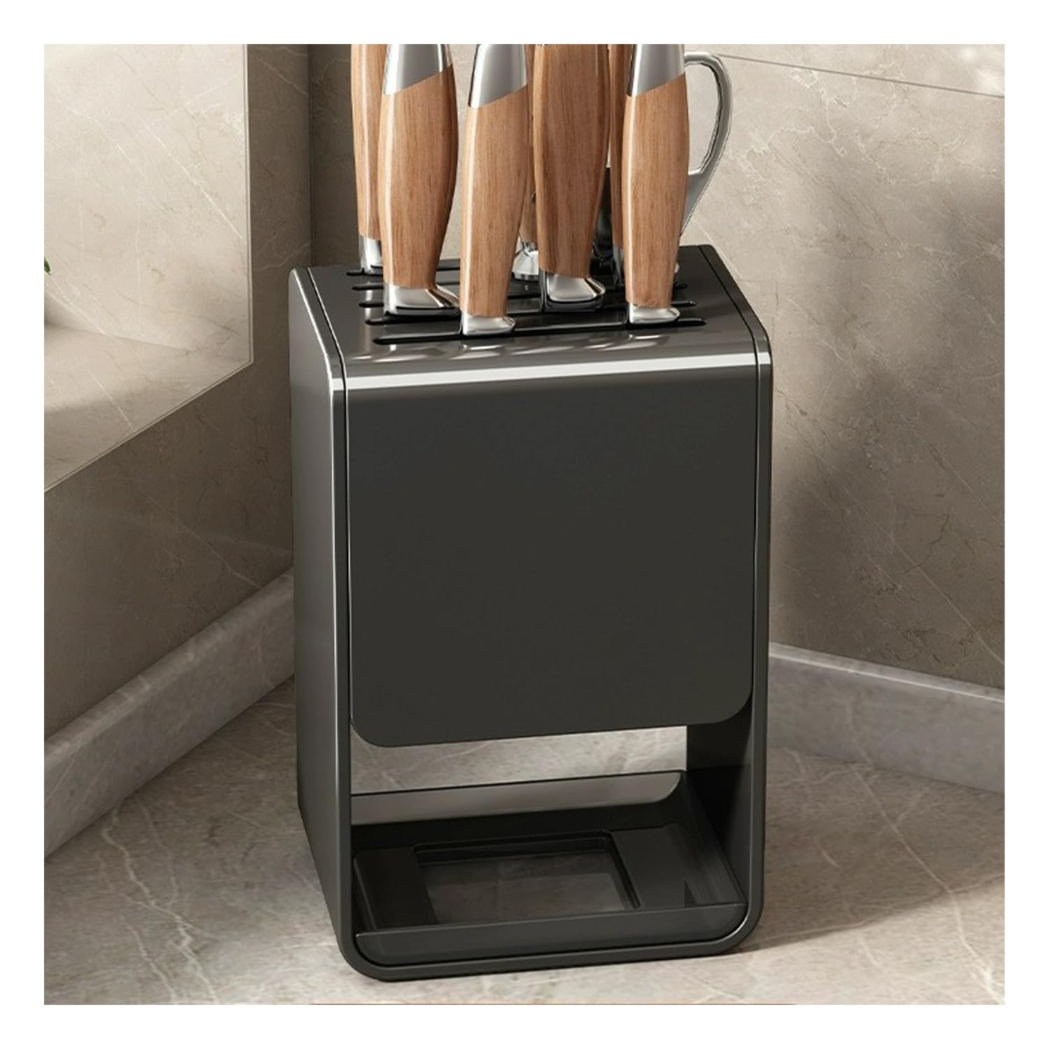 Dxcaicc Kitchen Knife Holder, ABS/Carbon Steel Storage Block with Water Drainage, Countertop/Wall-Mountable Kitchen Storage,Gray,Countertop