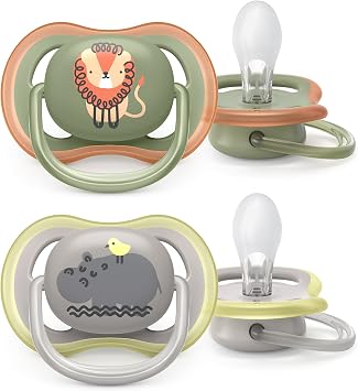 Philips Avent Ultra Air Soother 2 Pack - BPA-Free Soother for Babies Aged 6-18 Months (Model SCF085/17) Lion/Hippo
