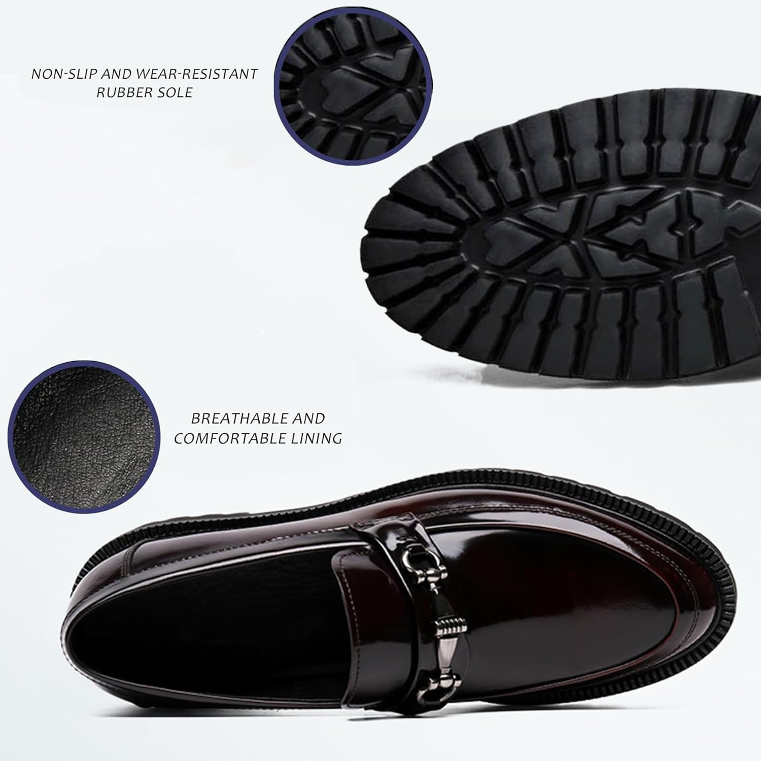 Men's Patent Leather Chunky Heel Penny Loafers with Metal Horsebit Casual Non-Slip Lug Sole Slip-On Dress Shoes for Formal Business Wedding - Image 5