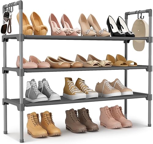 Miniatura 16 de Zapatero de 3 niveles para armario, organizador de zapatos con 5 ganchos, estante largo para zapatos deportivos y botas, estante apilable para Negro