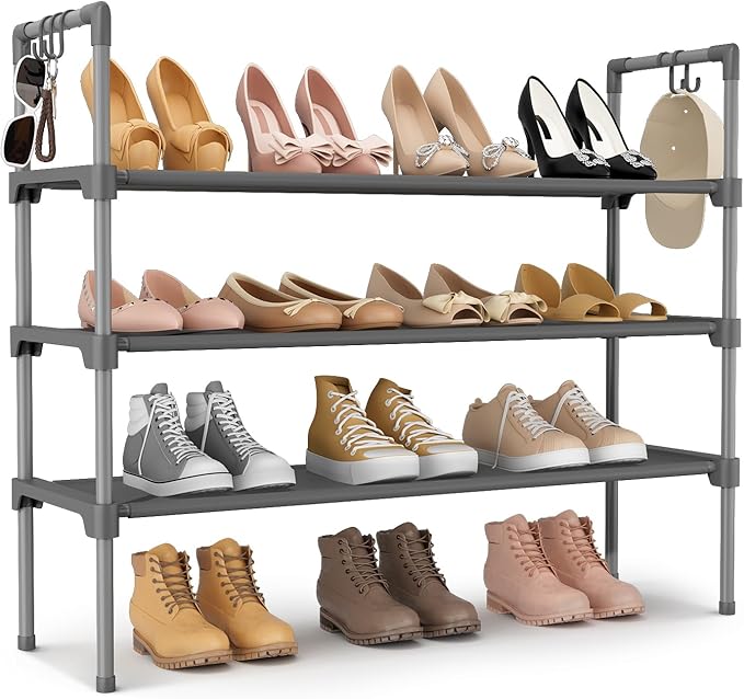 3 Tier Shoe Rack for Closet, Shoe Organizer with 5 Hooks, Long Shoe Shelf Storage for Sneaker and Boot Stackable Free Standing Shoe Rack for Entryway, Garage, Small Spaces, Dorm