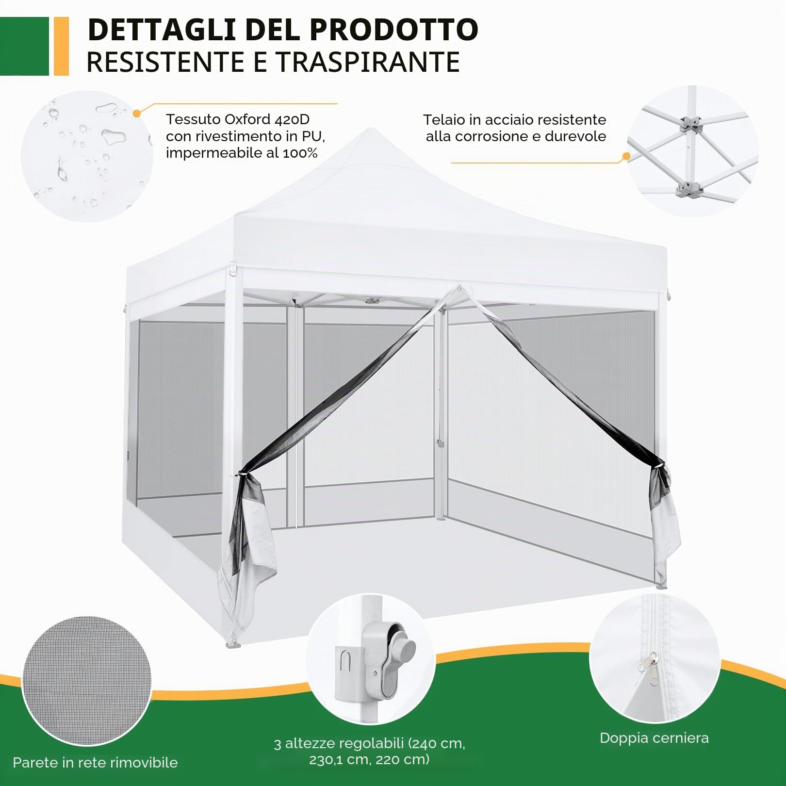 COBIZI Gazebo 3x3M Pieghevole Impermeabile con Zanzariera, Gazebo Esterno Resistente Robusto Richiudibile da Giardino, Bianco