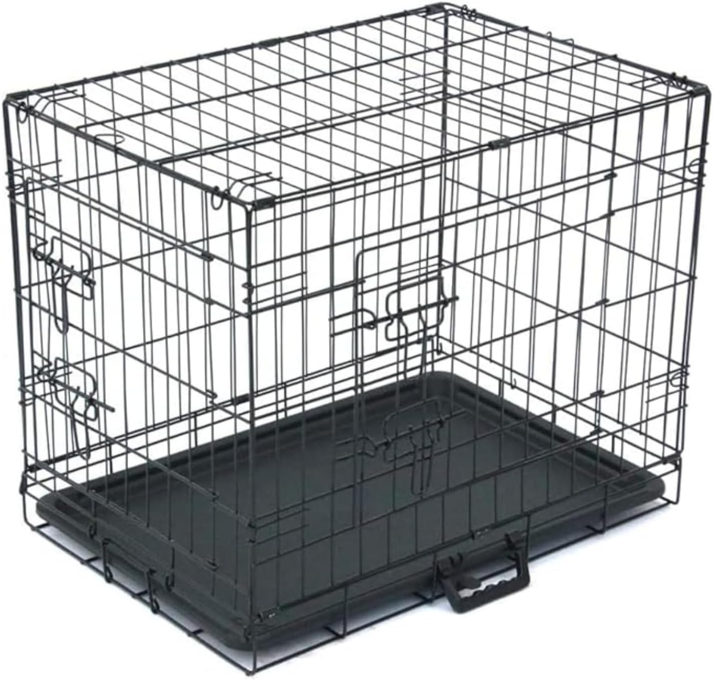 Cage pliable pour chien en fil métallique avec bac en plastique extensible, 2 portes, noire, convient pour l'intérieur et l'extérieur (S 60,5 x 44 x 49,5 cm)