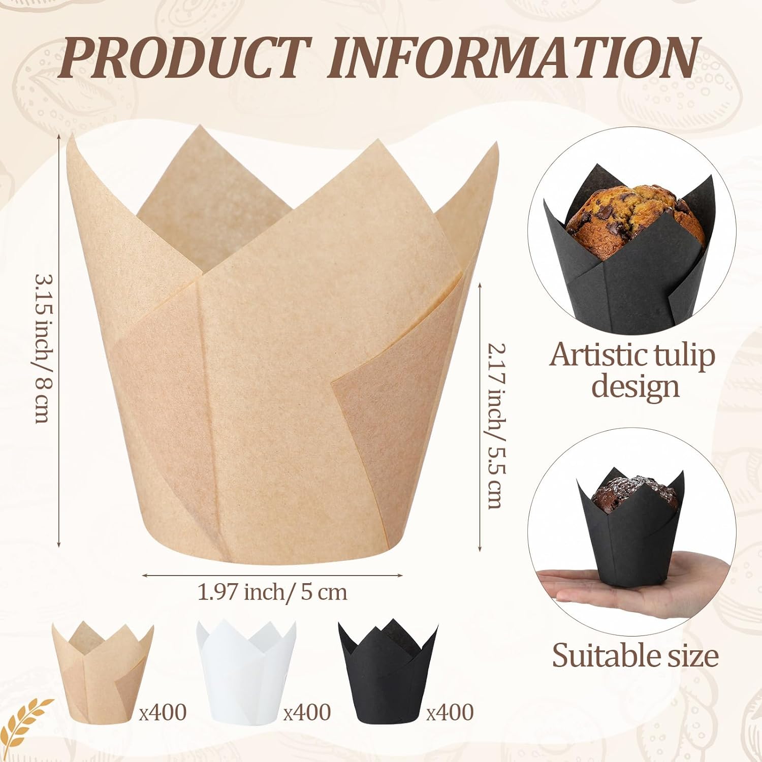 1200 Pcs Tulip Cupcake Liners for Baking Cups Paper Greaseproof Standard Tulip Muffin Liners Holders Cupcake Wrapper Bulk for Party, Birthday, Wedding(Black, White, Brown)