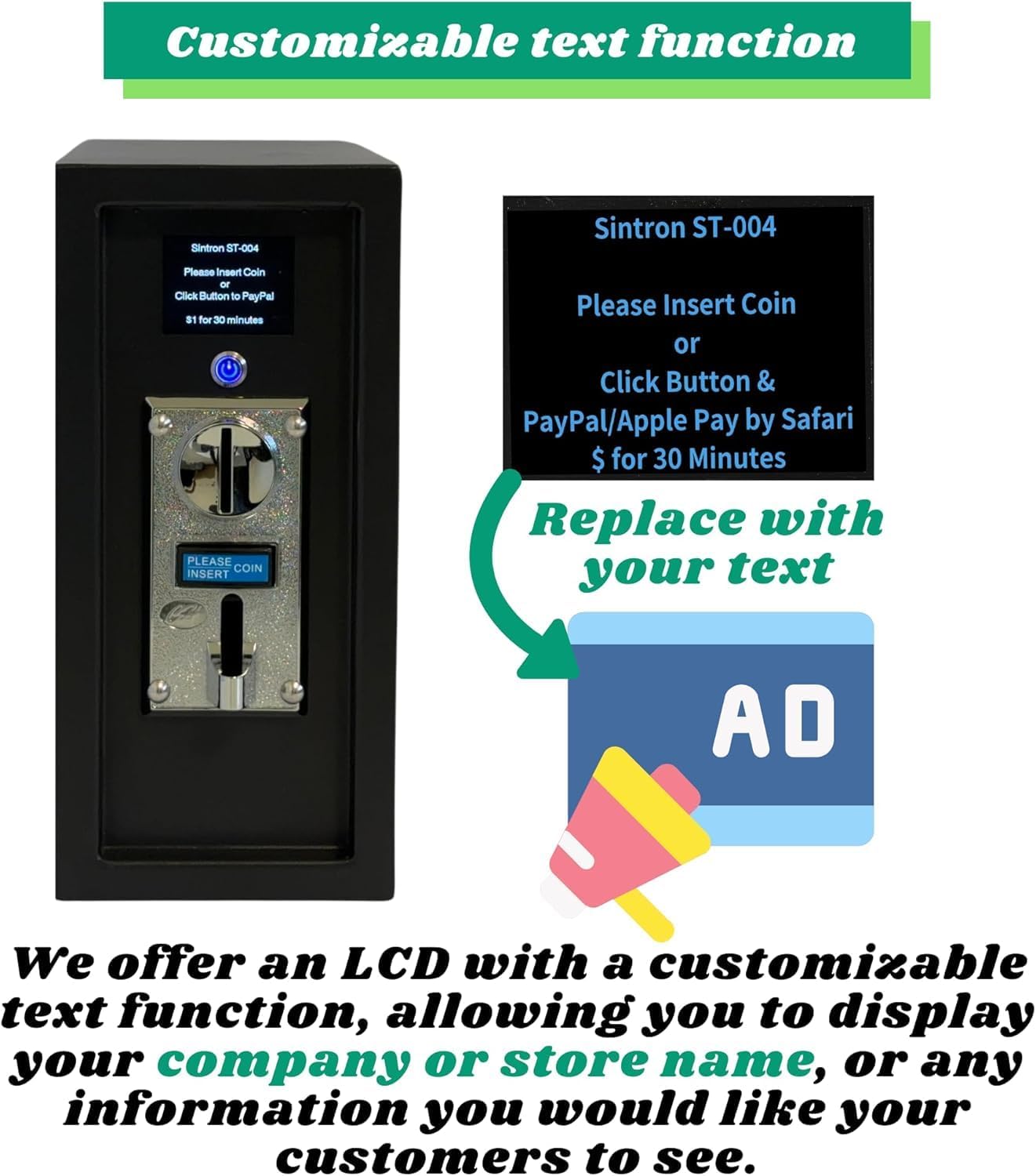 Sintron ST-004 applications including washing machine, massage chair, hair dryer, arcade game, phone charging, kiddie ride, and treadmill.