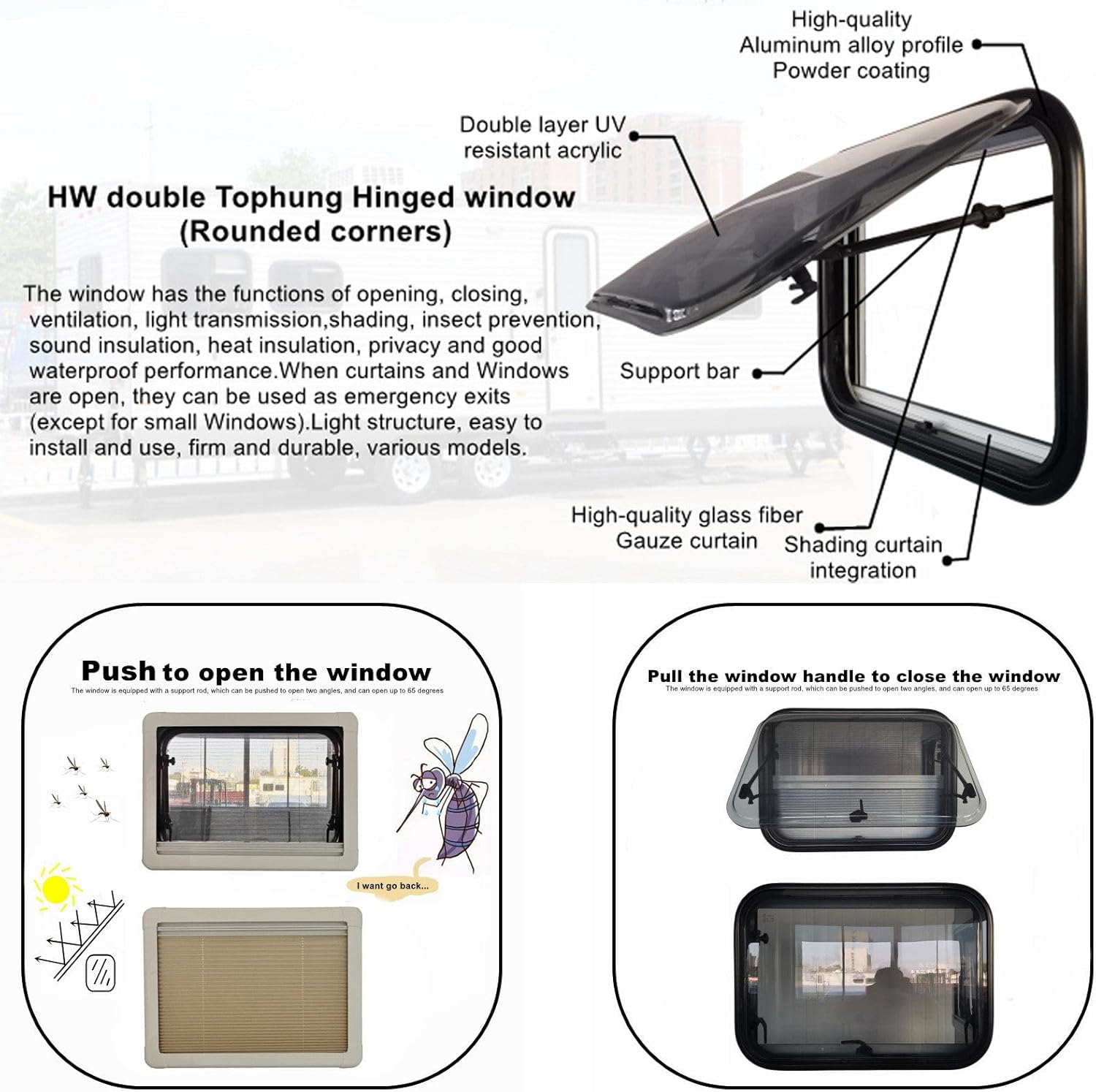 Aluminum Alloy Frame RV Exit Window, Tinted Acrylic Pane, Rear, Compatible with RV, 1200x600mm