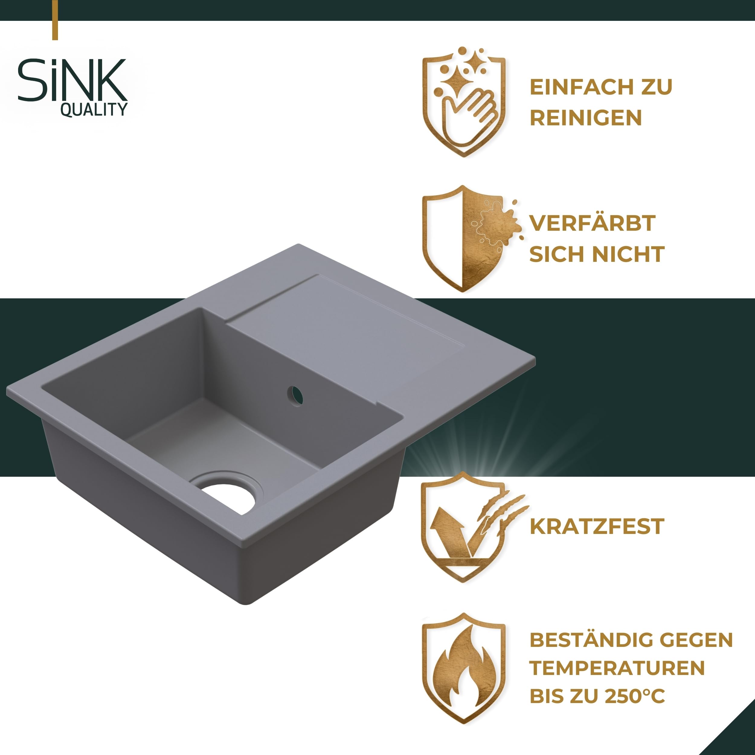 SINK QUALITY zlewozmywak granitowy szary 58 x 47 – zlewozmywak z syfonem i środkiem impregnującym – zlewozmywak kuchenny szary z ociekaczem do szafki pod umywalkę 50