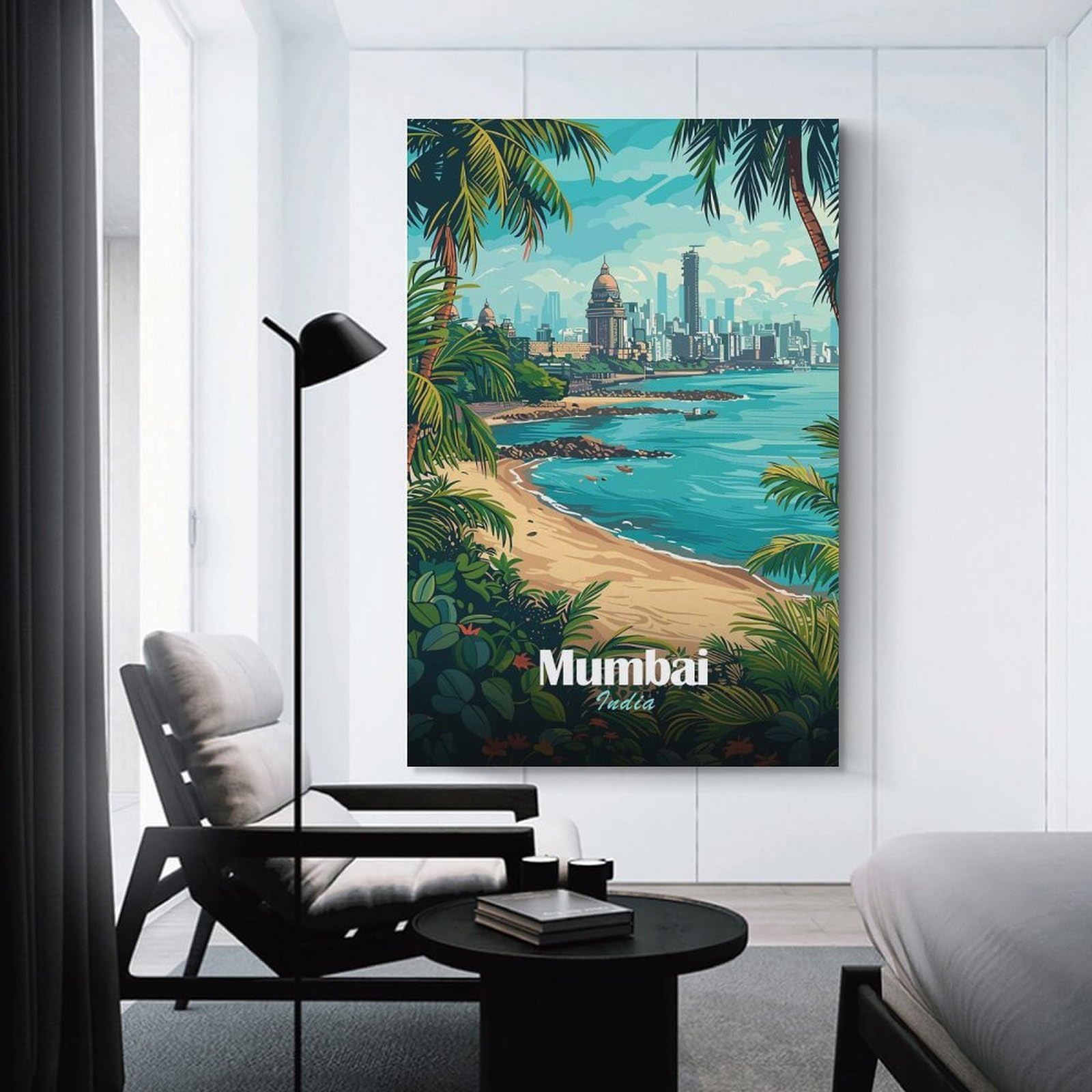 Junmoney Mumbai Cityscape with Beach Canvas Wall Decor 24x36inch(60x90cm), for Calm Bedrooms, Home Corners Or Flats, An Easy Wall Refresh for Bedrooms