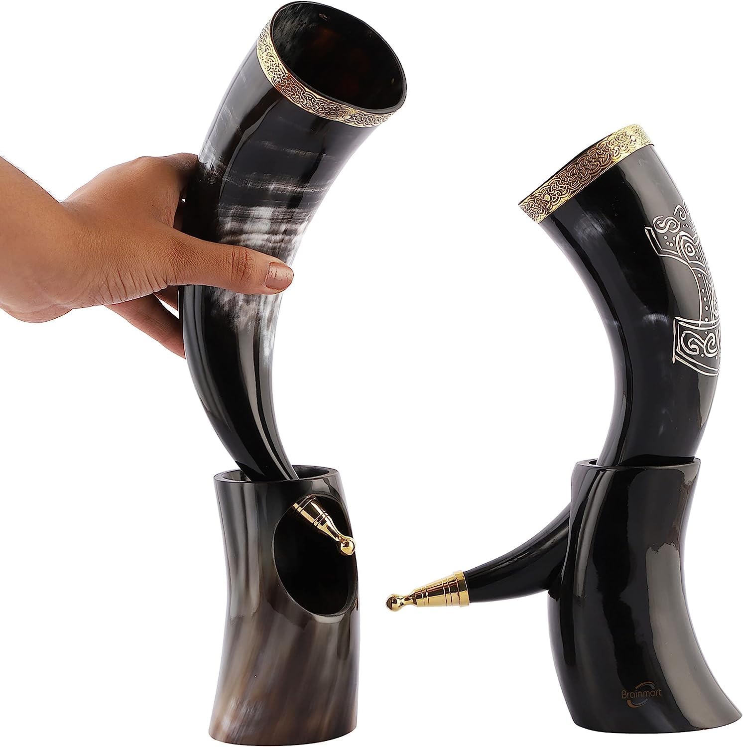 Nautical Replica Hub Corno vichingo da 30,5 cm, con supporto in corno e bordo in ottone bicchiere da birra fatto a mano, per uso alimentare, unico corno di bue con incisione Thor, 1 pezzo