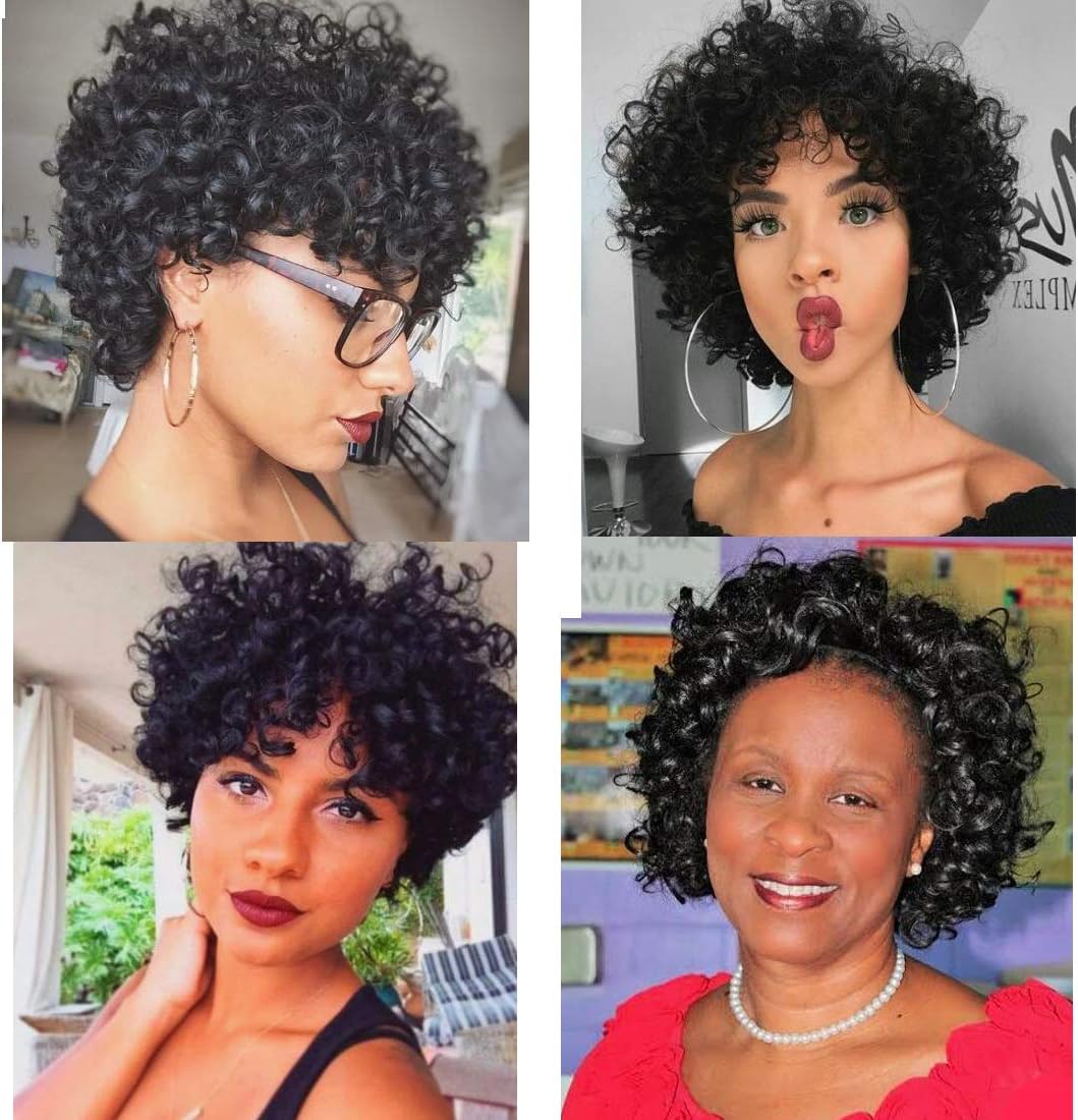 Yiroo Kinky Curly Short Human Hair wigs for Women Brazilian Virgin Hair Capless Cap Wigs Natural Black Color 6 Inches (Short Curly Lace Wig)