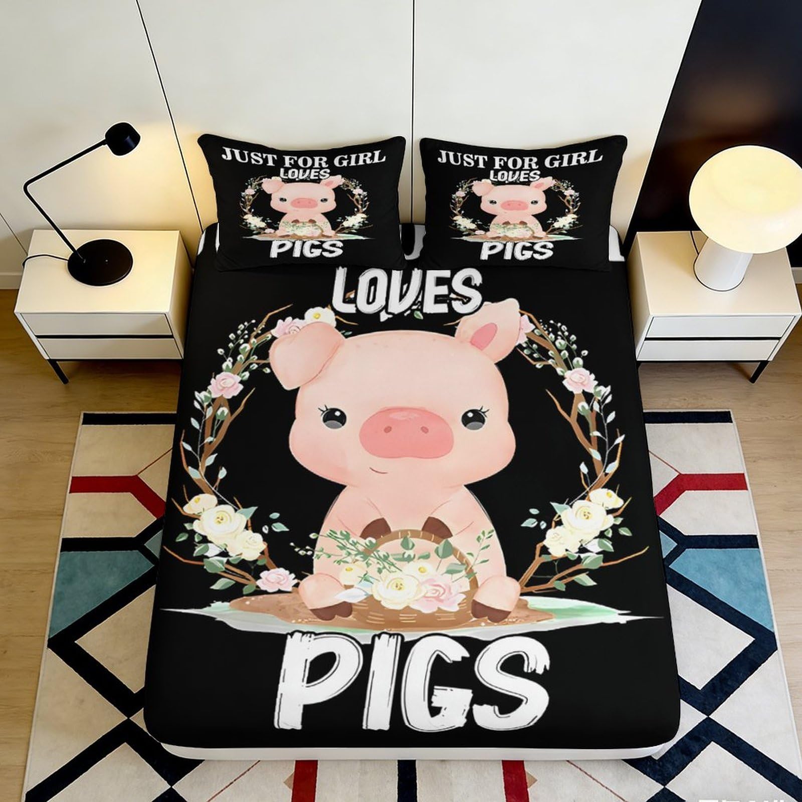 3D Printed Cute Pig Floral Fitted Sheet Microfiber Anti-Slip Soft Mattress Cover for Bedroom Dorm Easy Care 180x200x25cm