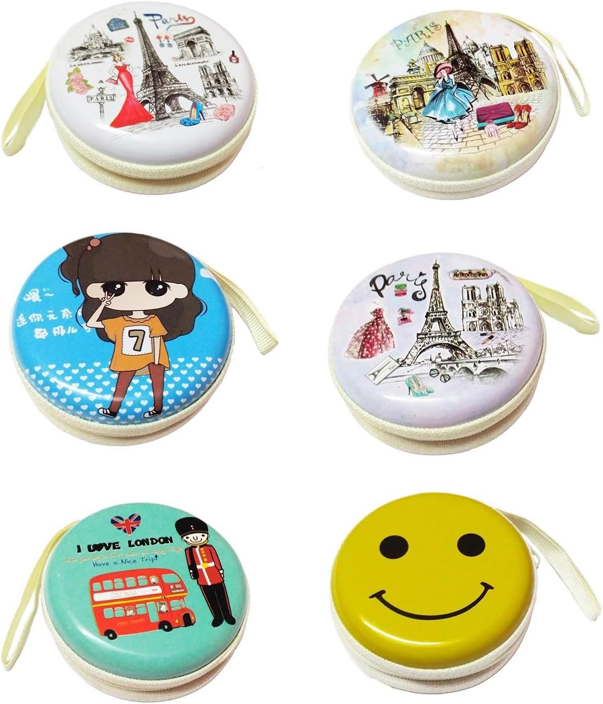Cute Metal Case Pouch for Coins Earphones Jewellery Pendrive Memory Card Assorted Colours & Designs (Pack of 6)
