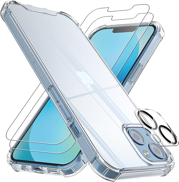 4youquality (4-in-1 Case for iPhone 13 Case with [2-Pack Tempered Glass Screen Protectors + 1-Pack Camera Lens Protector], Airbag Drop Protection, Transparent Clear Bumper Phone Case for iPhone 13