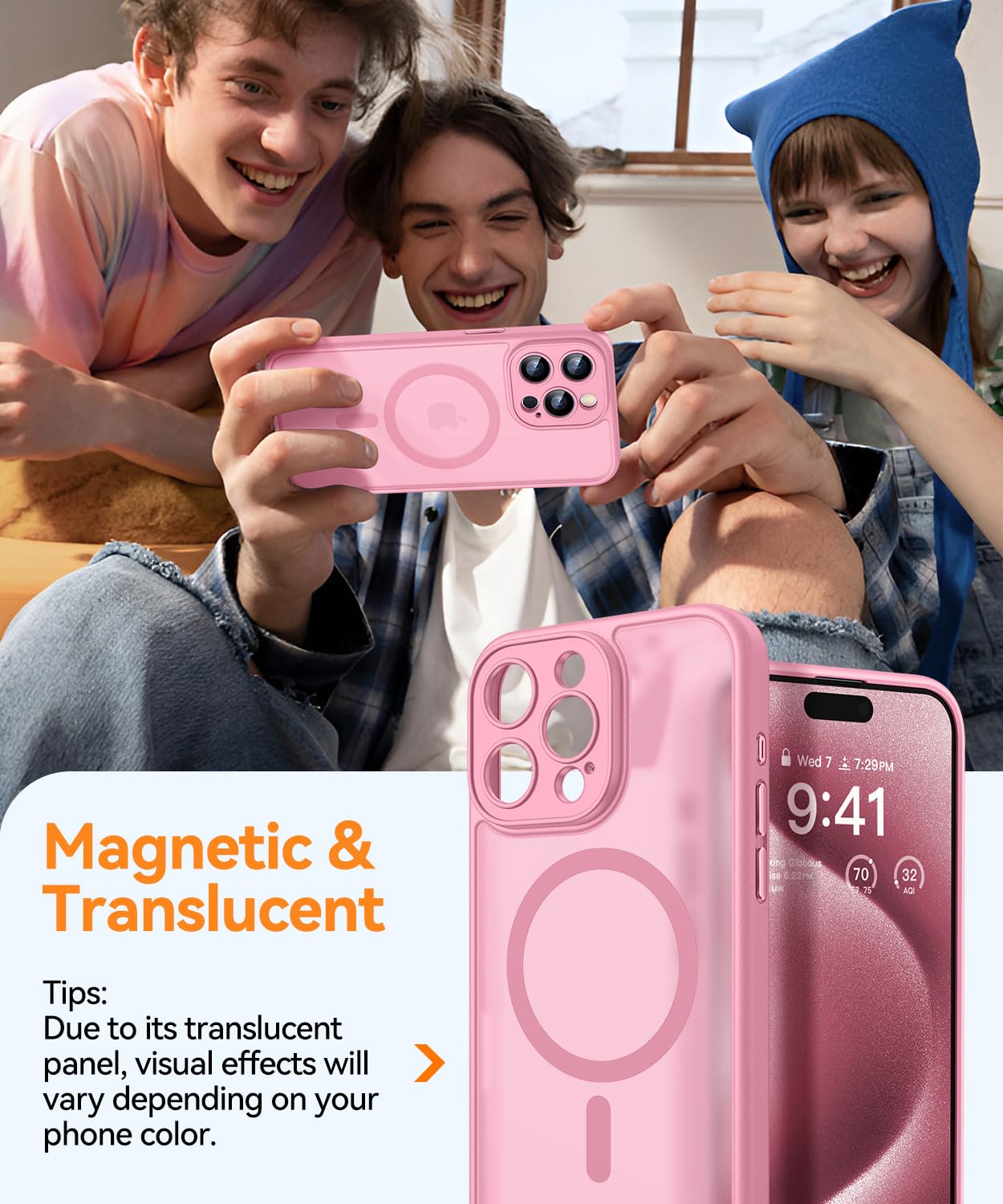 CANSHN Cover Magnetica per iPhone 15 Pro, Compatibile con MagSafe, [Protezione Completa Della Fotocamera], Custodia Traslucida Opaca Protettiva Sottile Antiurto 6,1 Pollici - Rosa