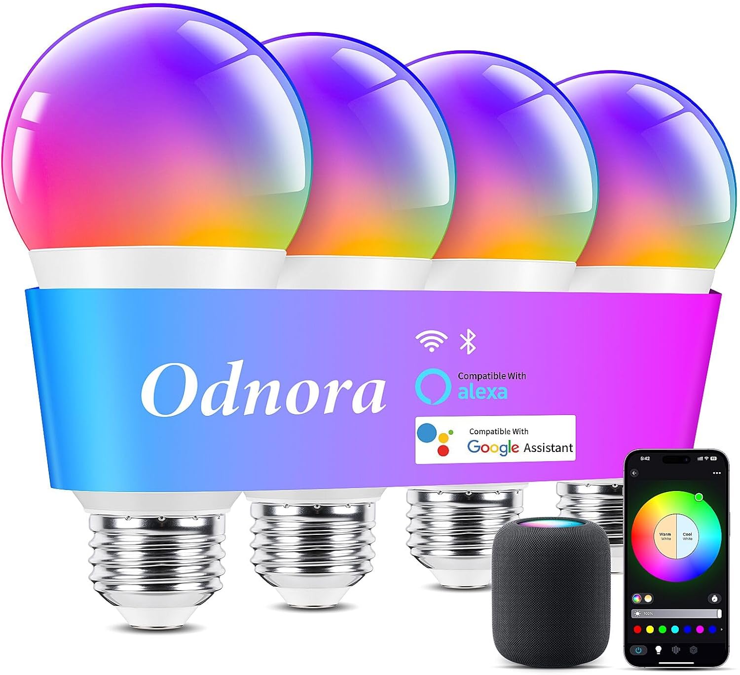 Smart Light Bulbs, Color Changing Light Bulb, Work with Alexa & Google Assistant, RGBWW A19 LED Light Bulbs Dimmable, 2.4GHz WiFi Bluetooth Light Bulb 60W Equivalent, Music Sync, 800LM, 4 Packs
