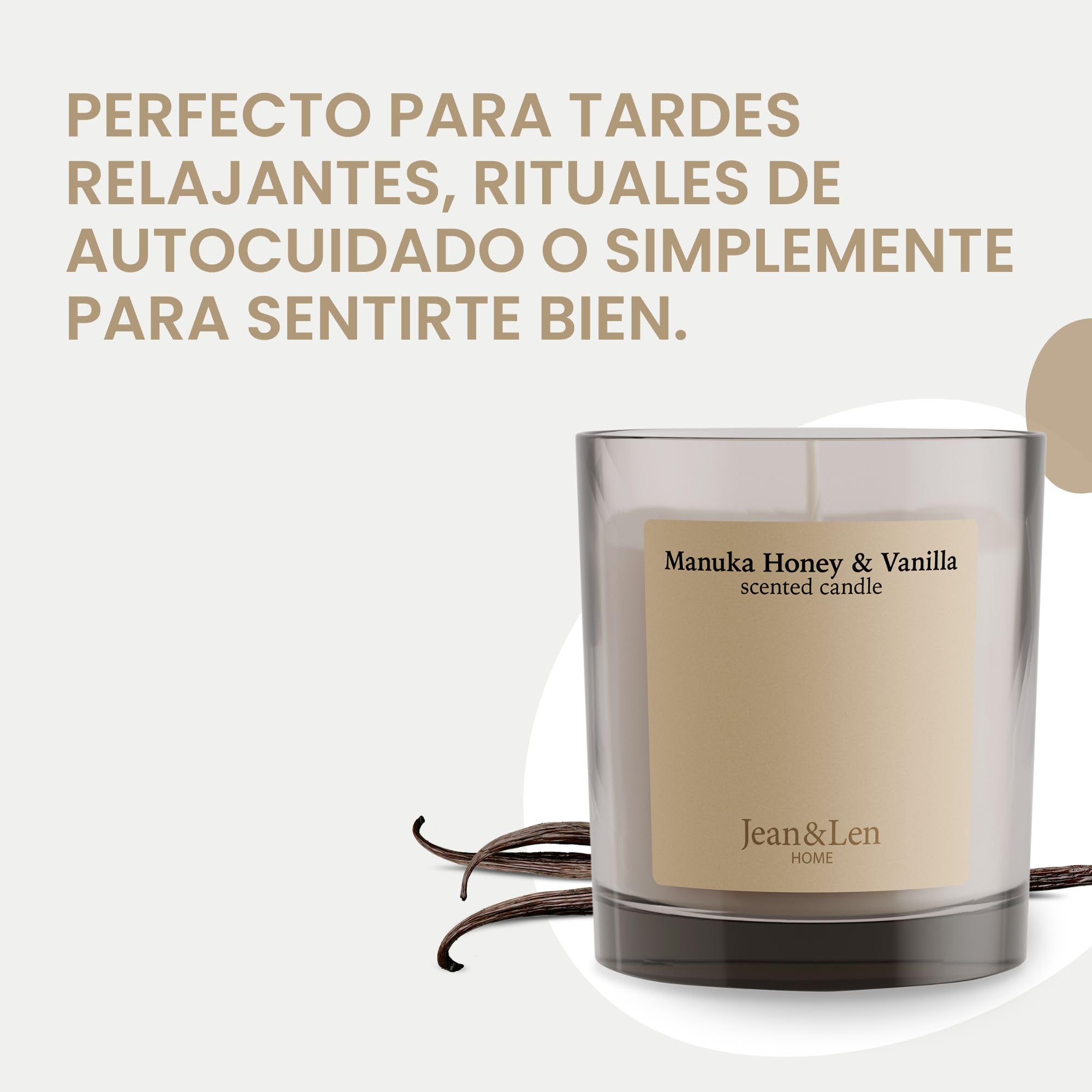 Jean & Len Scented Candle Manuka Honey & Vanilla, elaborada con manteca de karité, duración de combustión aprox. 40 horas, diseño minimalista, aroma sensual, vegano, 195 g