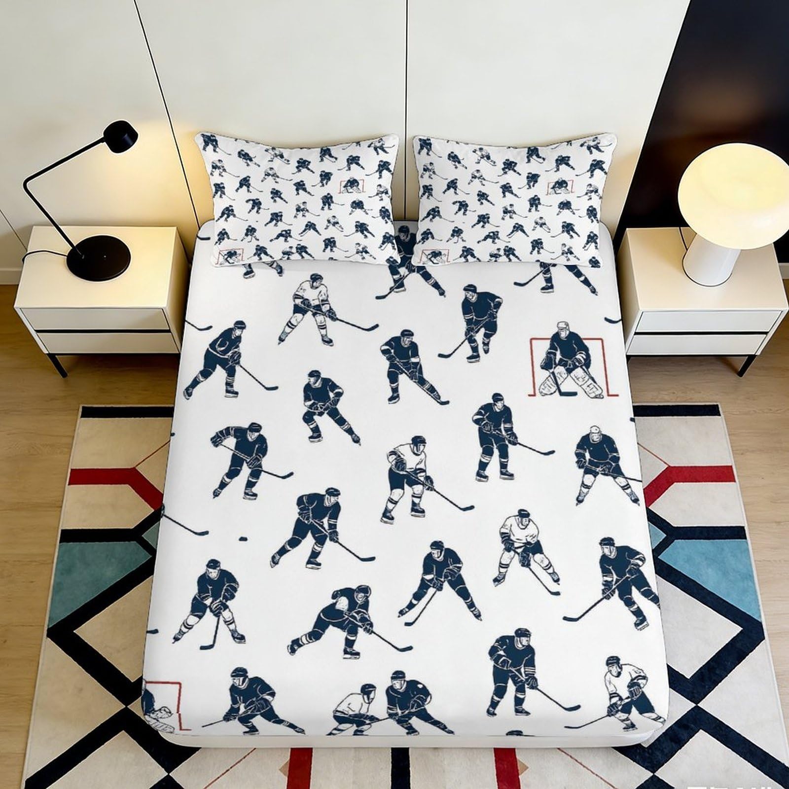 3D Printed Hockey Player Fitted Sheet Microfiber Soft Breathable Ice Hockey Mattress Cover for Bedroom Dorm Decor 90x200x25cm
