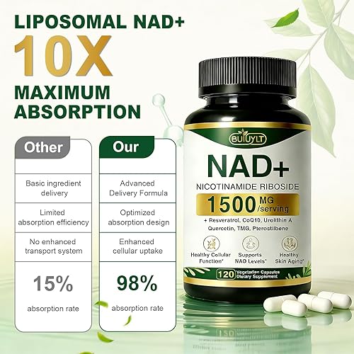 Miniatura 8 de Suplemento NAD de 1500 mg con resveratrol, urolitina A, CoQ10 para energía celular, enfoque, salud de las mitocondrias, digestión, desintoxicación,