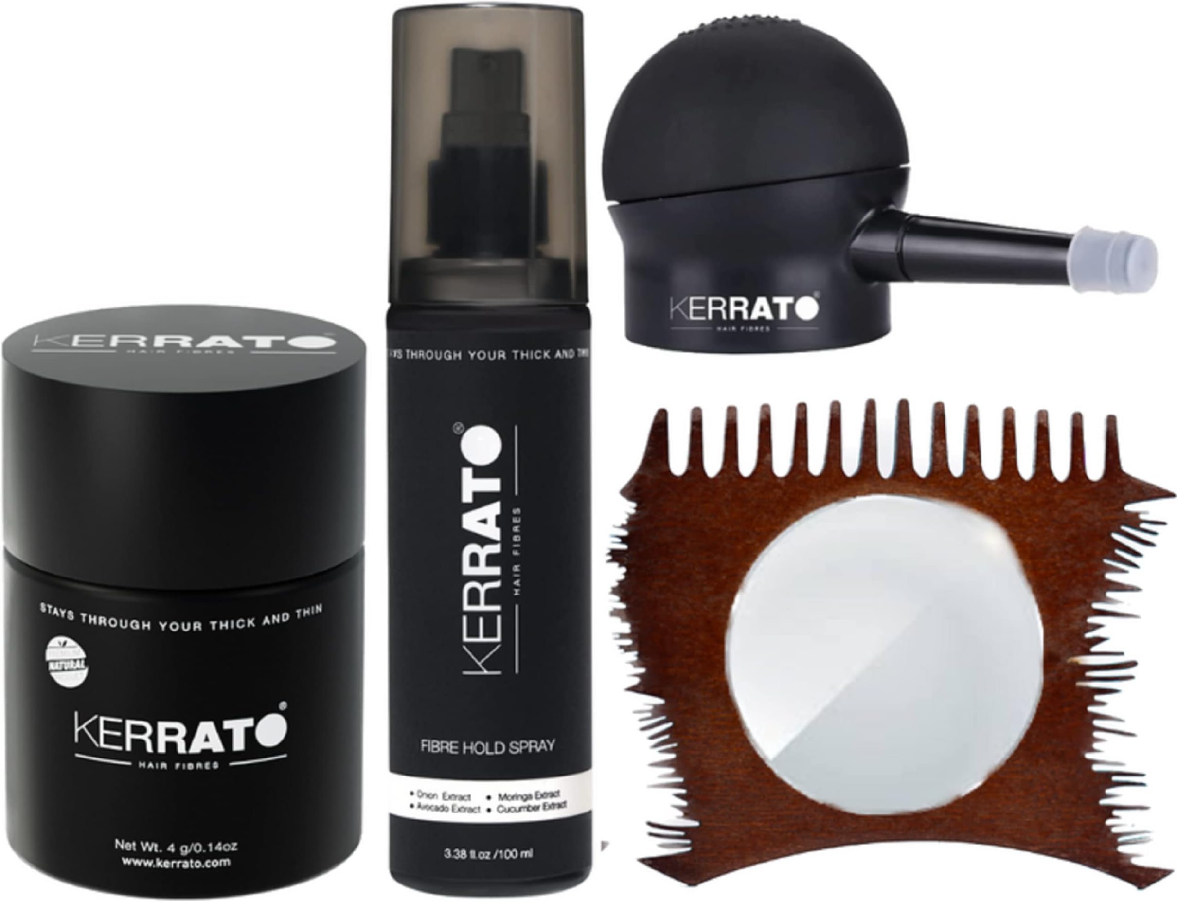Kerrato Hair Fibres 4g (JET BLACK) with Fibre Hold Spray (100ml), Optimizer Comb, and Pump | Confidence Kit for Fuller, Natural-Looking Hair | Hair Fiber Combo Kit
