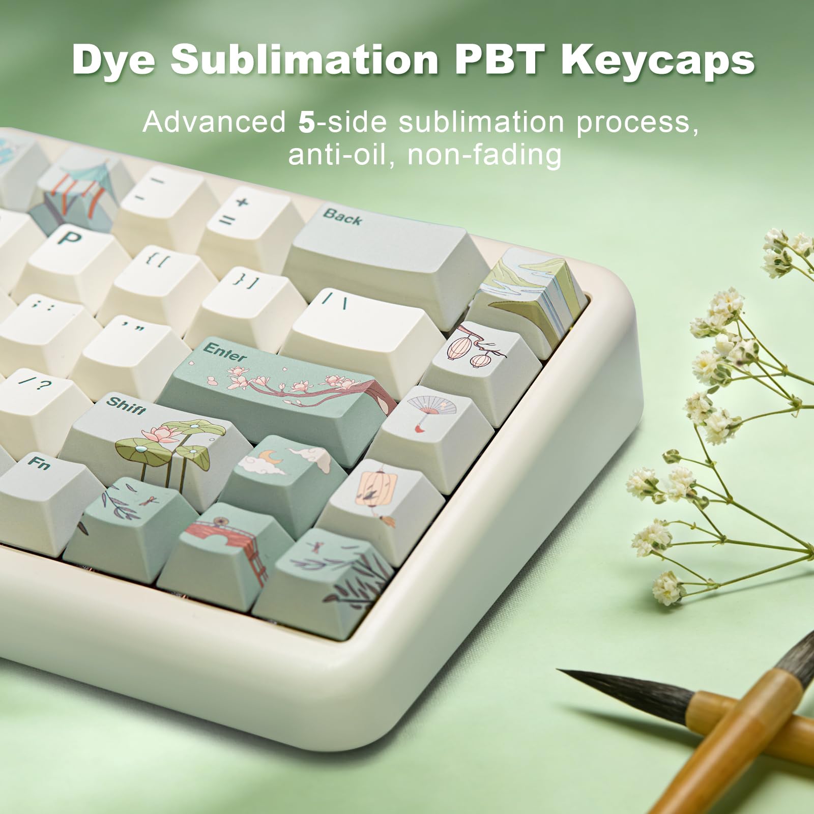 YUNZII Tasti Spring Tea Dye Sub PBT, 145 tasti completi, sublimazione del colore PBT personalizzati, con estrattore, per switch Cherry Gateron MX e tastiera meccanica da gioco (profilo ciliegia, tè