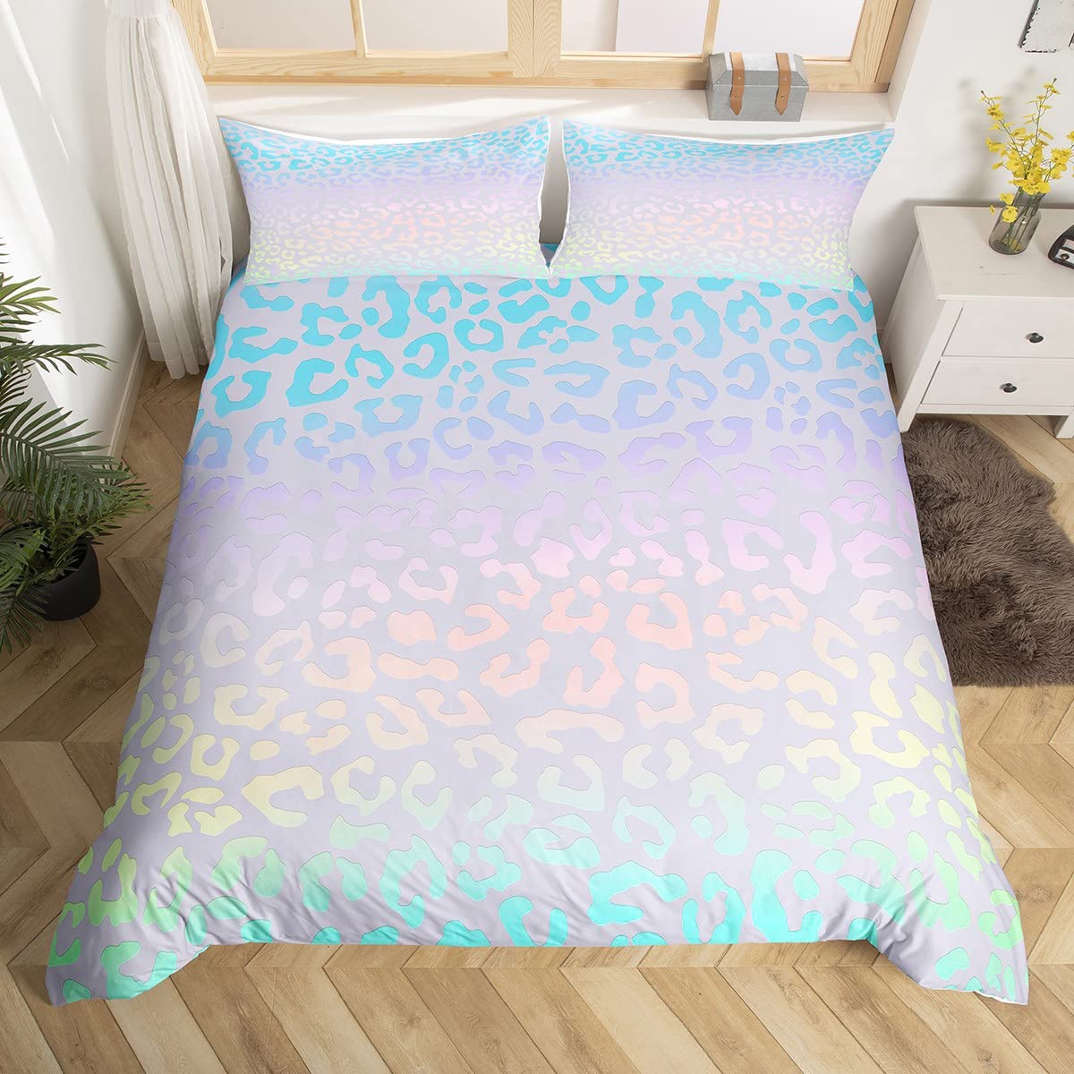 Homemissing Boys Multicolored 13216 Leopard Print Duvet Cover Set Cheetah Print Bedding Set For Kids Girls Safari Wild Animal Decor Comforter Cover Set Microfiber Ombre Bedspread Cover Pink Blue Bedclothes Single