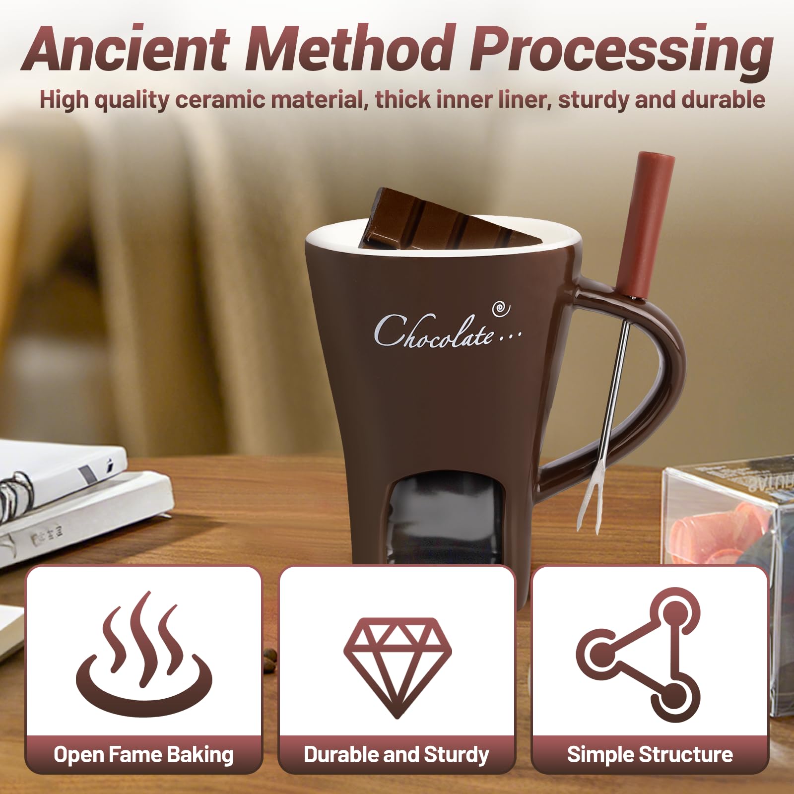 Ceramic Chocolate Fondue Mug - Melting Butter Pot with Fork, Cheese Warmer Cup, Butter Fondue Heated (Brown, NO CANDLE) 0808 - Image 4