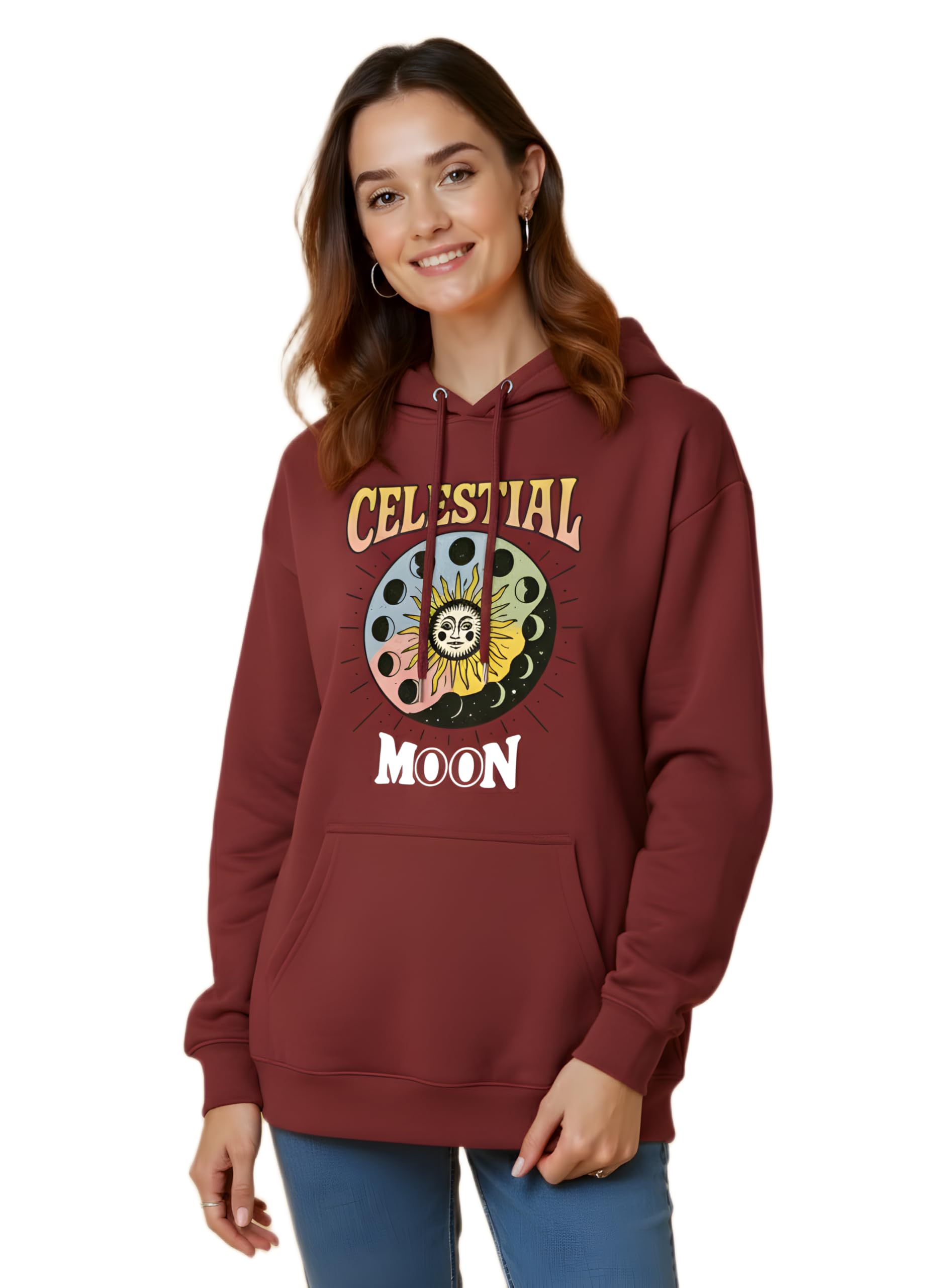 Celestial Moon Graphic Fleece Hooded Sweatshirt for Women's Casual Pullover-image-10