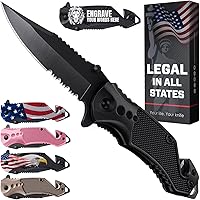 GOODWORKER Legal Pocket Knife: 2.95” Serrated Blade, Glass Breaker, Seatbelt Cutter - EDC Folding Knife for Tactical Camping, Hiking, Survival - Gifts for Men & Women