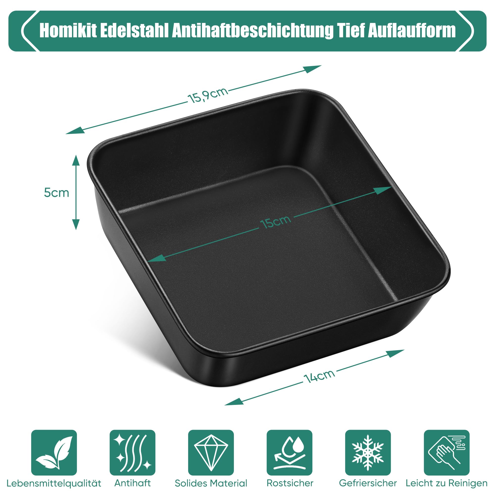 Homikit Moule à Gâteau Carré 15.9x15.9x5cm - Acier Inoxydable Antiadhésif, Plat Four Pour Gâteaux, Lasagnes, Soufflés - Noir