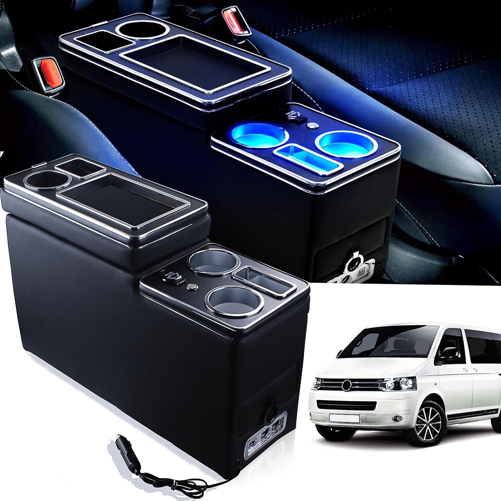 Mittelkonsole mit Ablagen Staufach kompatibel mit VW T4 T5 T6 T6.1 T7 2003-2019, Leder Zubehör mit USB, Blu LED-Leuchten und Zigarettenanzünder, Schwarz