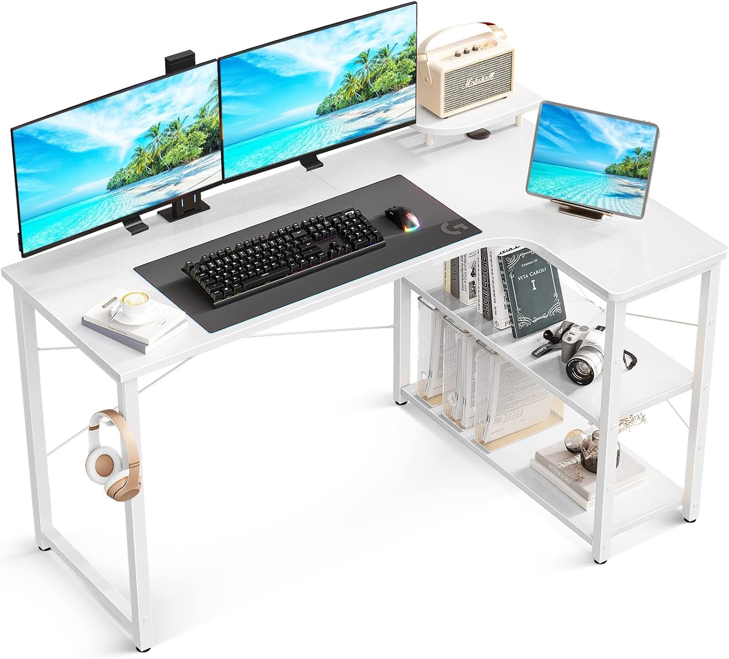 Amazon | L 字型ゲーミングデスク 幅 130cm 棚付き ホワイト 右棚 組立