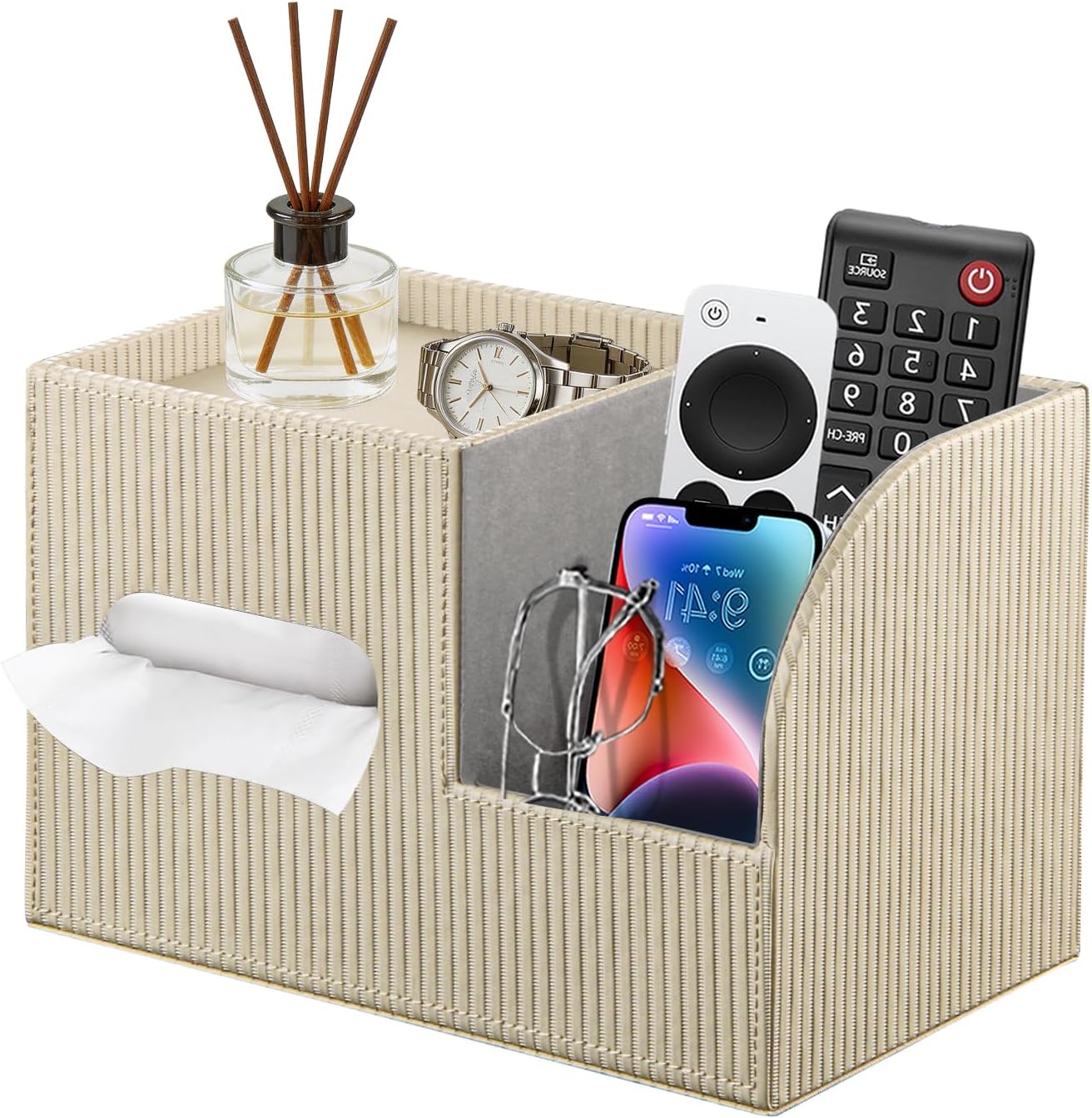 Fanousy Modern PU Leather Cube Tissue Box Cover with Storage Tray, Multifunctional Remote Control Holder & Facial Tissue Dispenser Organizer for Nightstand, Bathroom, Bedroom, Office & Home Decor